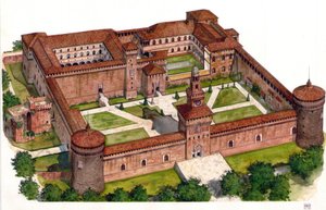 Vista geral do castelo da fortaleza Sforza (Castello Sforzesco) construída pelo Duque Francesco Sforza no século XV em Milão, Itália. de Giorgio Albertini