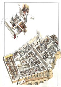 Reconstrução com vista ao corte das zonas subterrâneas onde se situa o piso de serviço (casas domésticas, casas de banho, cozinha, cavalariças) no palácio ducal da cidade de Urbino, em Itália. Foi construído pelo Duque Federico da Montefeltro (Frederic de  de Giorgio Albertini