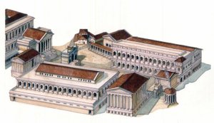 Antiguidade romana: reconstituição do fórum romano (foro romano) na época do imperador Augusto (Caius Julius Caesar Octavianus Augustus) (63 a.C.-14 d.C.) de Giorgio Albertini