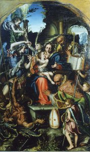 Sagrada Família com São Miguel Arcanjo e o Diabo lutando pelas almas, São Bernardo e de Giorgio Gandini del Grano