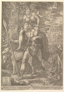 Alegoria da caça, um caçador segurando uma lança grande carregando uma mulher Diana em seu shou ..., 1556. de Giorgio Ghisi