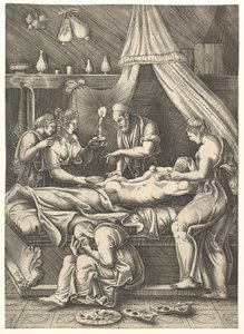 Uma alegoria da doença, homem deitado prostrado em uma cama cercada por figuras, ca. 1540