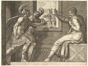 Caius Marius na prisão, dois soldados cimbrianos entrando em sua cela, 1560-69. de Giorgio Ghisi
