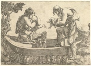 Danae e o bebê Perseus foram lançados ao mar por Acrisius, 1543. de Giorgio Ghisi