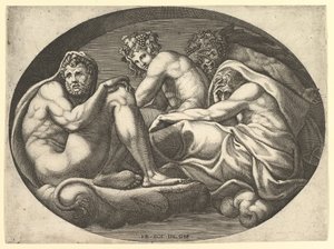 Hércules, Baco, Pan e Saturno, de uma série de oito composições após Francesco P ..., 1560s. de Giorgio Ghisi