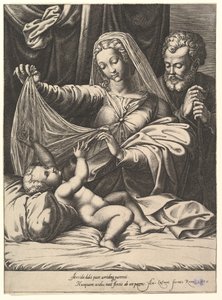 Madona de Loreto, a Virgem levanta um véu sobre a Criança, que se deita em uma cama e travesseiro ..., 1575. de Giorgio Ghisi