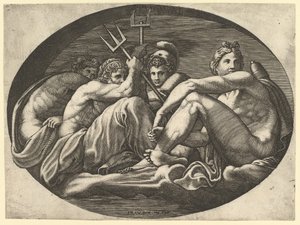 Plutão, Netuno, Minerva e Apolo, de uma série de oito composições após Francesco P..., década de 1560. de Giorgio Ghisi