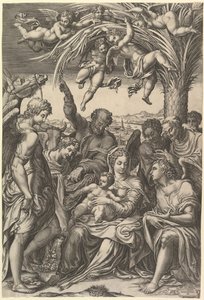 Descanse na fuga para o Egito, a Sagrada Família, debaixo de uma palmeira cercada por anjos, ponha ..., 1578. de Giorgio Ghisi