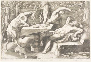 Sátiro tentando acordar Silenus com uma videira de Giorgio Ghisi