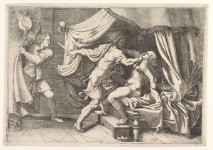 Tarquin atacando Lucretia, uma serva à esquerda, testemunhando a cena, ca. 1540 de Giorgio Ghisi