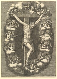 O crucificado Cristo cercado por anjos de luto, 1575-1679. de Giorgio Ghisi