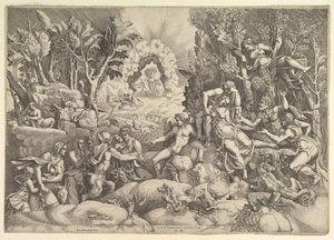 A morte de Procris, Cephalus lamentou a morte de Procris à direita, cercada por ..., ca. 1540 de Giorgio Ghisi