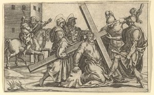 A Virgem das Dores: Cristo carregando a cruz, um dos nove compartimentos ao redor de ..., em 1575. de Giorgio Ghisi
