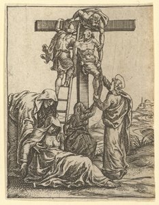 A Virgem das Dores: A Descida da Cruz, um dos nove compartimentos circundantes ..., em 1575. de Giorgio Ghisi
