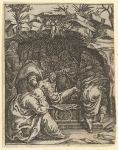 A Virgem das Dores: O Enterro, um dos nove compartimentos circundantes da Vi ..., em 1575. de Giorgio Ghisi