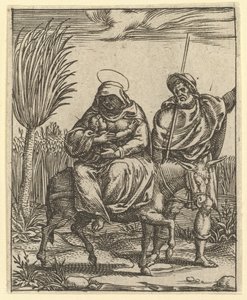 A Virgem das Dores: a fuga para o Egito, um dos nove compartimentos circundantes de ..., em 1575. de Giorgio Ghisi