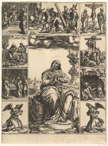A Virgem das Dores, uma imagem da Virgem Maria cercada por nove vinhetas retrata ..., ca. 1575 de Giorgio Ghisi