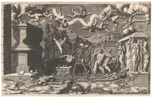 A Visão de Ezequiel, um grupo de cadáveres e esqueletos emergindo dos túmulos, acima deles ..., 1554.