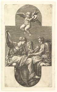 Três musas e um Putto com pratos, uma composição cruciforme, de uma série de oito com ..., 1560s. de Giorgio Ghisi