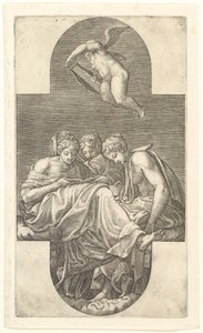 Três musas e um Putto com uma lira, uma composição cruciforme, de uma série de oito comp ..., 1560s. de Giorgio Ghisi