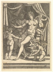 Vênus e Vulcano sentados em uma cama e três Putti, meados dos anos 1550. de Giorgio Ghisi