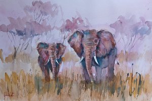 Elefantes na savana enevoada de Giorgio Gosti
