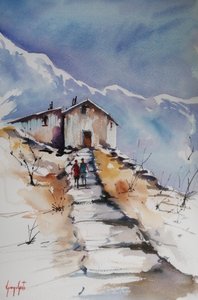 Caminho coberto de neve até à cabana