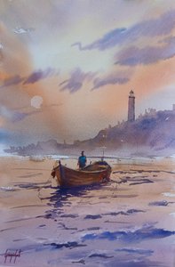 Barco e farol ao pôr do sol de Giorgio Gosti