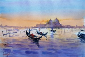 Gôndolas venezianas ao pôr do sol de Giorgio Gosti