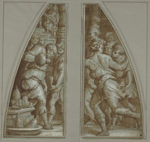 "Homem barbudo a encher um copo" e "Juventude a correr" de Giorgio Vasari