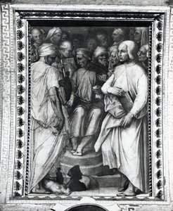 Cosimo de Medici sentado entre filósofos e artistas na Sala di Cosimo il Vecchio de Giorgio Vasari