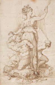 Victoria alada com um ramo de palmeira e três prisioneiros ajoelhados em troféus. Por volta de 1540 de Giorgio Vasari