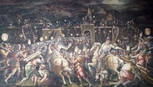 Itália, Florença, Palazzo Vecchio (Palácio Velho), Salone dei Cinquecento, Tomada do Forte perto de Port Camollia em Siena de Giorgio Vasari