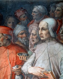 Marsilio Ficino flanqueado por Paolo del Pozzo Toscanelli, detalhe de Cosimo o Ancião entre filósofos e artistas de Giorgio Vasari