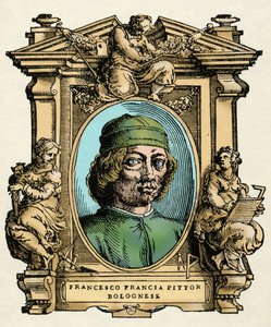 Retrato de Francesco FRANCIA (1450- 1517) pintor italiano. Gravura do tratado "" Vive dos mais excelentes pintores, escultores e arquitectos "" (Le Vite de