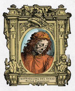 Retrato de RAFFAELLINO DEL GARBO (Raffaellino de Carli) (1466-1525) Pintor italiano. Gravura do deleite "" Vidas dos mais excelentes pintores, escultores e arquitetos "" (Le Vite de