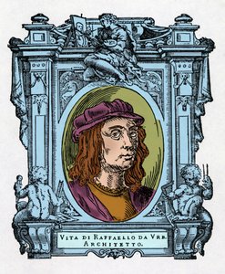 Retrato de Rafael (Raffaello Sanzio 1483 - 1520) Arquiteto e pintor italiano. Gravura do deleite "" Vive dos mais excelentes pintores, escultores e arquitetos "" (Le Vite de