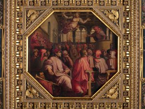 Discurso de Antonio Giacomini a favor da guerra contra Pisa na Sala dei Duecento de Giorgio Vasari
