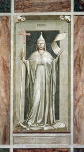 Fé, figura feminina segurando a Cruz e um pergaminho com o símbolo da Verdade Revelada, enquanto destrói um ídolo e está sobre os símbolos da Cabala, de Giotto, ciclo de afrescos Os vícios e as virtudes, após restauração, Capela Scrovegni, Pádua, Vêneto, I de Giotto (c.1266 1337)