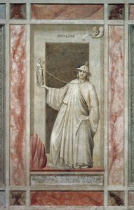 A infiel (também chamada Idolatria), figura masculina que se afasta de Deus e segura um ídolo que o mantém preso ao pescoço, por Giotto, detalhe do ciclo de afrescos Os vícios e as virtudes, após a restauração, Capela Scrovegni, Pádua, Vêneto, Itália.