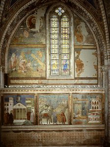 Cenas da Vida de São Francisco: O homem simples honra São Francisco; São Francisco dá o seu casaco ao pobre cavaleiro; São Francisco vê no sonho um palácio cheio de armas de Giotto (c.1266 1337)