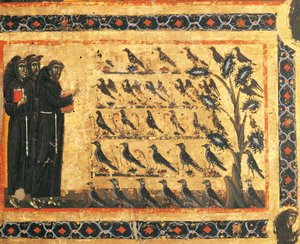 Histórias de São Francisco: São Francisco pregando às aves, afresco de Giotto (1267-1337), ca. 1325. Capela Bardi de Vernio, Basílica de Santa Croce, Florença. Itália