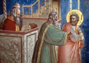 O padre que rejeitou Joachim veio com um cordeiro para o sacrificar. Detalhe da vida de Santa Ana e São Joaquim (fresco de Giotto (c.1266 1337)
