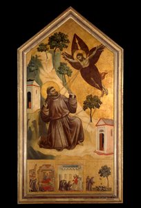 São Francisco de Assis recebendo os estigmas Tempera em madeira por Giotto di Bondone (1266-1337) por volta de 1300, Sol. 3,13 x 1,63 m. - Os estigmas de São Francisco. Tempera sobre madeira de Giotto di Bondone (1266-1337) por volta de 1295-1300. 3,13 x 1