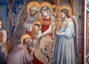A adoração dos Magos. Detalhe mostrando o mago prostrado diante de Jesus nos braços de Maria entre o Anjo e São José (Fresco de Giotto (c.1266 1337)