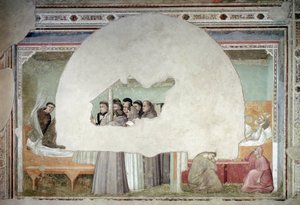 Visões da ascensão de São Francisco de Assis: o frade Agostinho levantando-se de sua cama enquanto o bispo ainda está deitado no quarto próximo, ajudado por dois servos aos pés da cama - fresco, c. 1325. de Giotto (c.1266 1337)