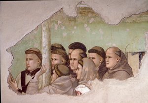 Episódio da vida de São Francisco de Assis: “” São Francisco aparece a Frei Agostino e a uma véspera ”” Detalhe representando um grupo de monges franciscanos. Fresco de Giotto da Bondone de Giotto di Bondone