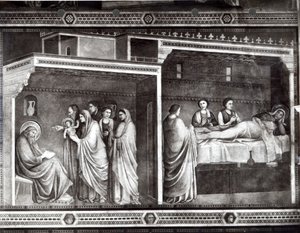 O nascimento de São João Batista e seu pai Zacarias escrevendo seu nome de Giotto di Bondone