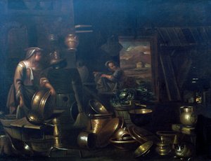 Dentro da cozinha, por Gian Domenico Valentino (1630-1708) de Giovan Domenico Valentino