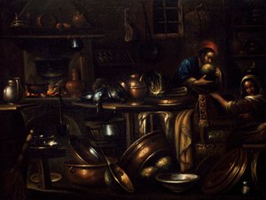 Interior da cozinha, pintura de Gian Domenico Valentino (1639-1715), Itália de Giovan Domenico Valentino